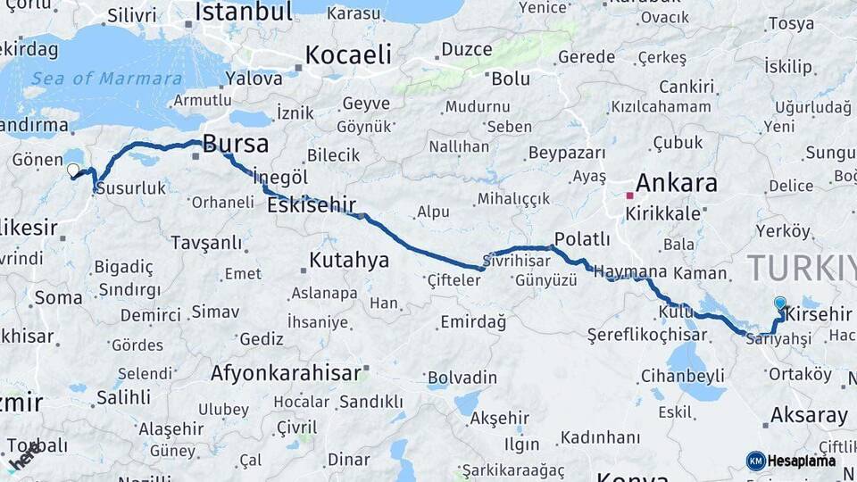 Kırşehir Manyas Balıkesir Arası Kaç Km - Yol Haritası