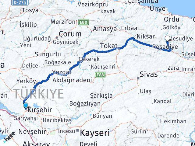 Kırşehir Mesudiye Ordu Arası Kaç Km - Yol Haritası