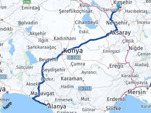 Kırşehir Mucur Alanya Antalya Arası Kaç Km - Yol Haritası