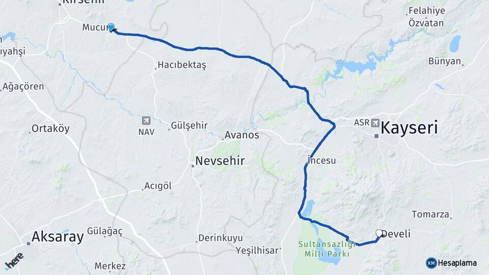 Kırşehir Mucur Develi Kayseri Arası Kaç Km - Yol Haritası