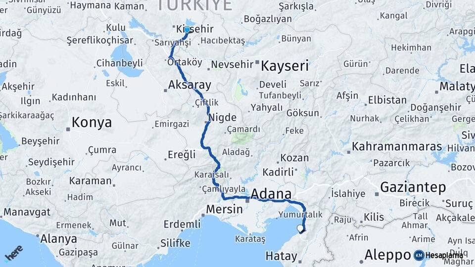Kırşehir Mucur İskenderun Hatay Arası Kaç Km - Yol Haritası