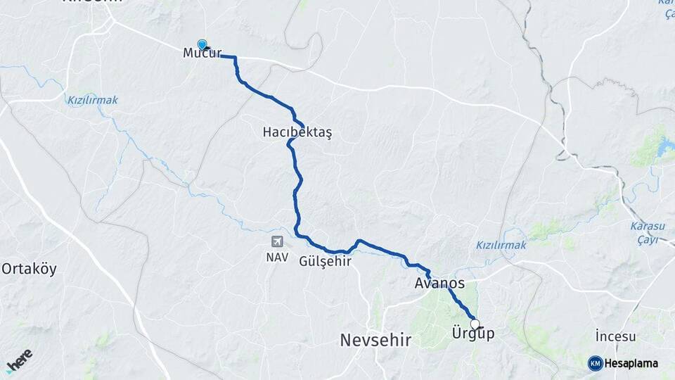 Kırşehir Mucur Ürgüp Nevşehir Arası Kaç Km - Yol Haritası