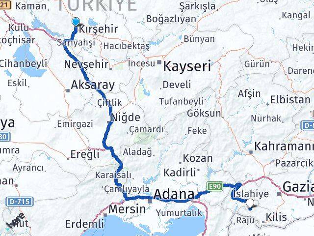 Kırşehir Musabeyli Kilis Arası Kaç Km - Yol Haritası