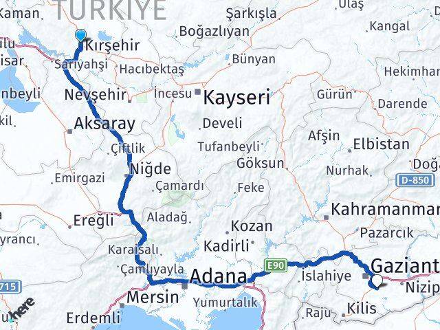 Kırşehir Oğuzeli Gaziantep Arası Kaç Km - Yol Haritası
