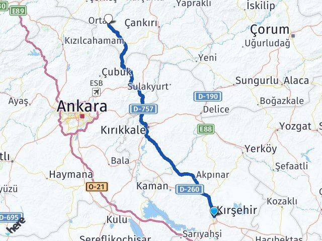 Kırşehir Orta Çankırı Arası Kaç Km - Yol Haritası