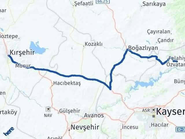 Kırşehir Özvatan Kayseri Arası Kaç Km - Yol Haritası