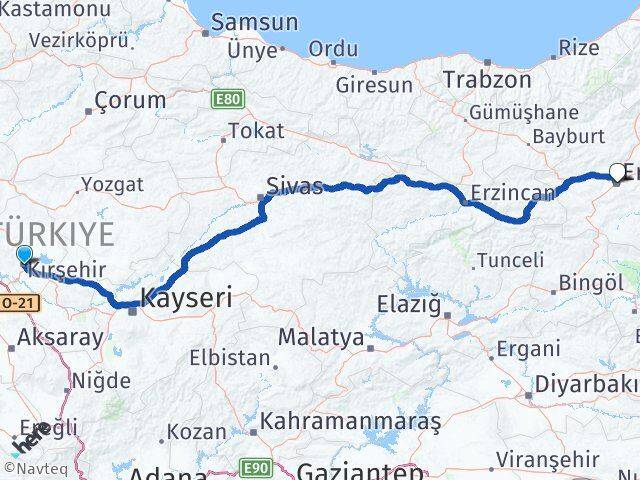Kırşehir Palandöken Erzurum Arası Kaç Km - Yol Haritası