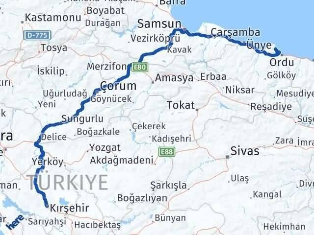 Kırşehir Perşembe Ordu Arası Kaç Km - Yol Haritası