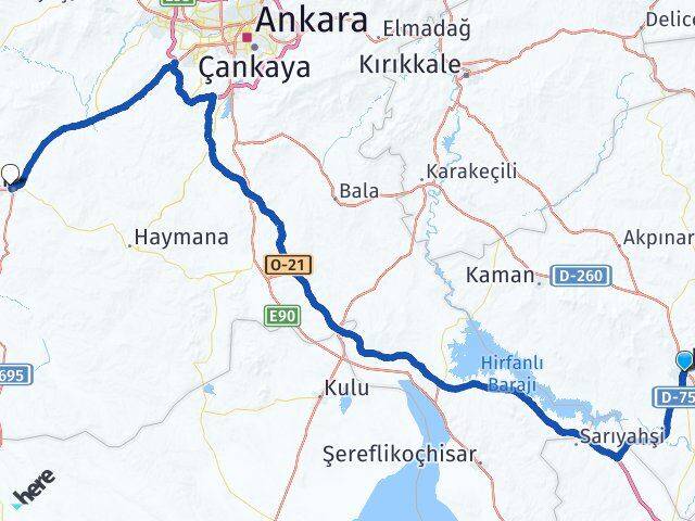 Kırşehir Polatlı Ankara Arası Kaç Km - Yol Haritası