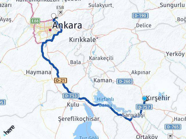 Kırşehir Pursaklar Ankara Arası Kaç Km - Yol Haritası