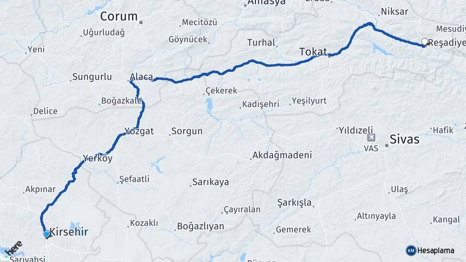 Kırşehir Reşadiye Tokat Arası Kaç Km - Yol Haritası