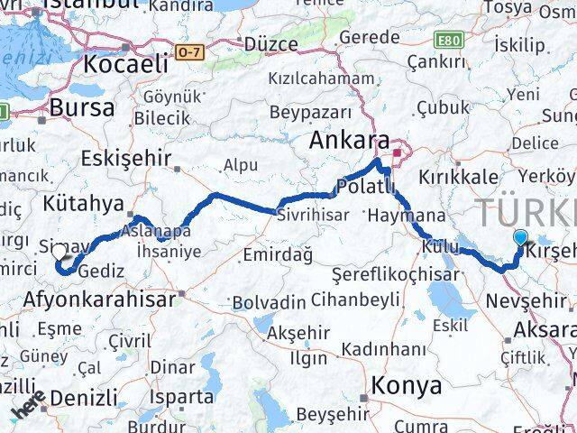 Kırşehir Şaphane Kütahya Arası Kaç Km - Yol Haritası