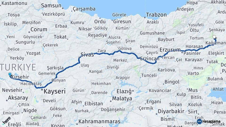 Kırşehir Sarıkamış Kars Arası Kaç Km - Yol Haritası