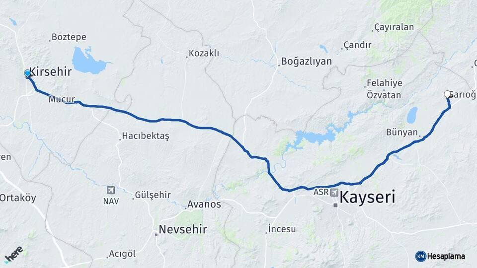 Kırşehir Sarıoğlan Kayseri Arası Kaç Km - Yol Haritası