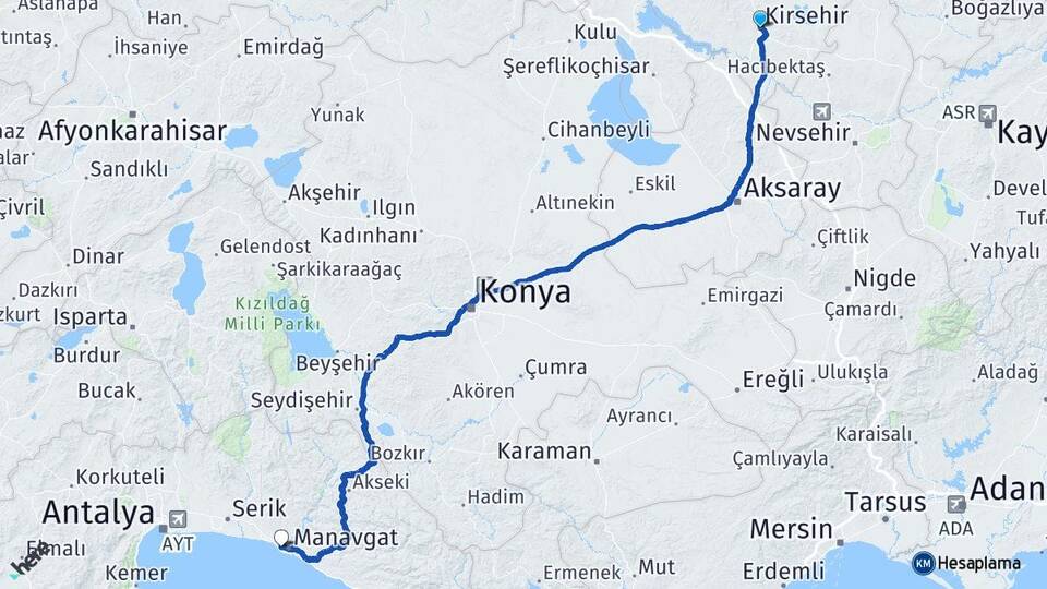 Kırşehir Side Manavgat Antalya Arası Kaç Km - Yol Haritası