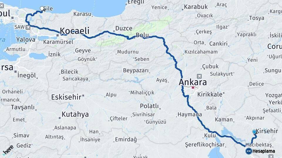 Kırşehir Şile İstanbul Arası Kaç Km - Yol Haritası