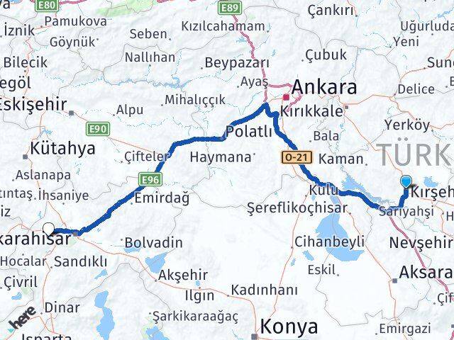 Kırşehir Sinanpaşa Afyonkarahisar Arası Kaç Km - Yol Haritası