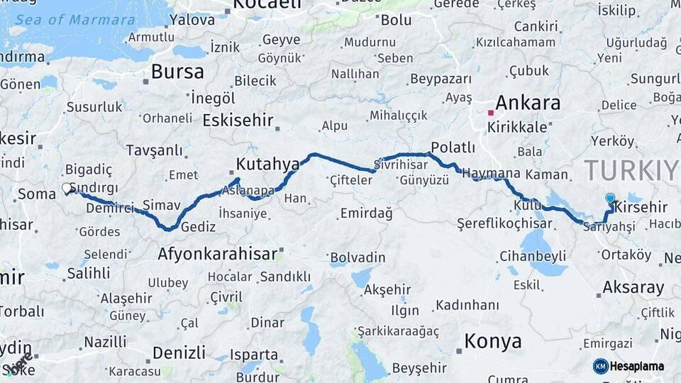 Kırşehir Sındırgı Balıkesir Arası Kaç Km - Yol Haritası