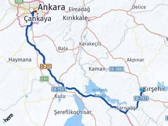 Kırşehir Söğütözü Çankaya Ankara Arası Kaç Km - Yol Haritası