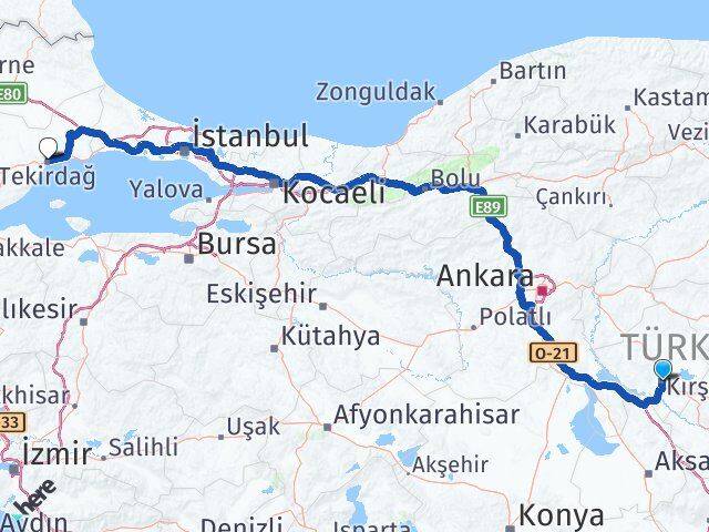 Kırşehir Süleymanpaşa Tekirdağ Arası Kaç Km - Yol Haritası