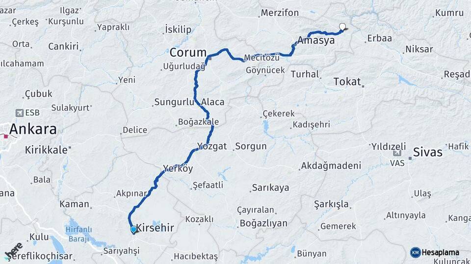 Kırşehir Taşova Amasya Arası Kaç Km - Yol Haritası