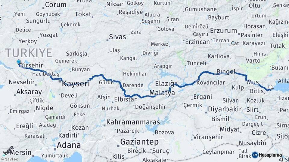 Kırşehir Tatvan Bitlis Arası Kaç Km - Yol Haritası