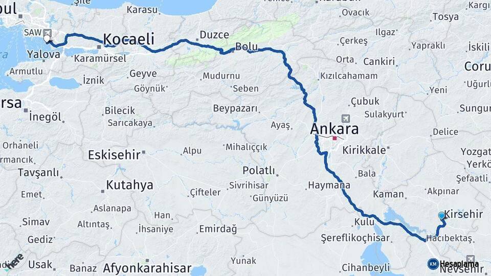 Kırşehir Tuzla İstanbul Arası Kaç Km - Yol Haritası