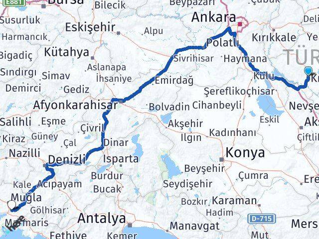 Kırşehir Ula Muğla Arası Kaç Km - Yol Haritası
