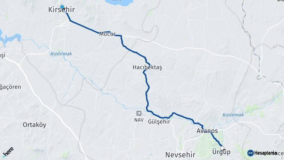 Kırşehir Ürgüp Nevşehir Arası Kaç Km - Yol Haritası