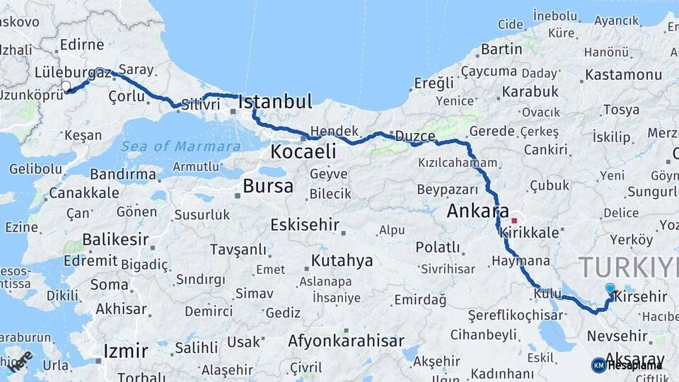 Kırşehir Uzunköprü Edirne Arası Kaç Km - Yol Haritası