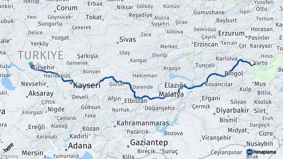 Kırşehir Varto Muş Arası Kaç Km - Yol Haritası