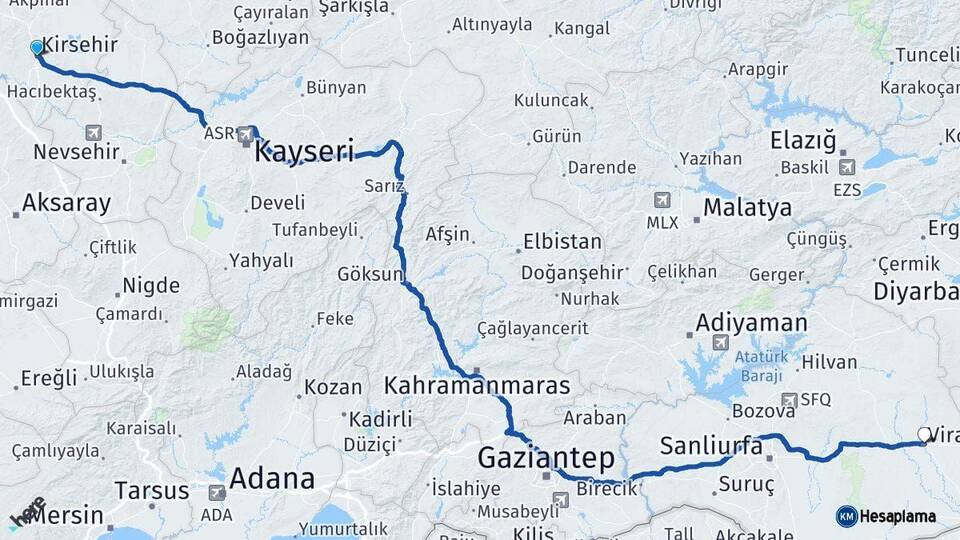 Kırşehir Viranşehir Şanlıurfa Arası Kaç Km - Yol Haritası