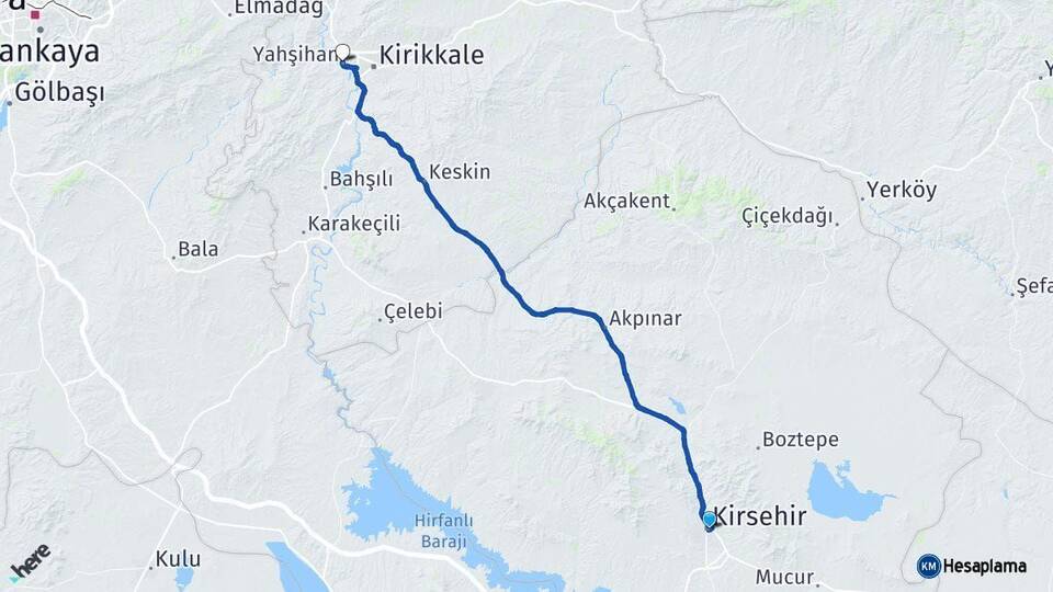 Kırşehir Yahşihan Kırıkkale Arası Kaç Km - Yol Haritası