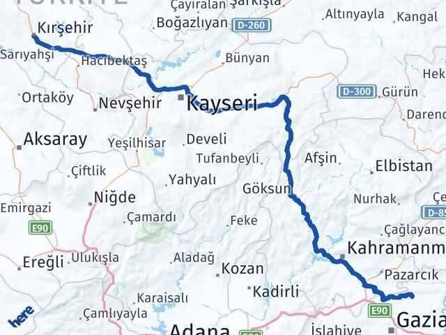 Kırşehir Yavuzeli Gaziantep Arası Kaç Km - Yol Haritası