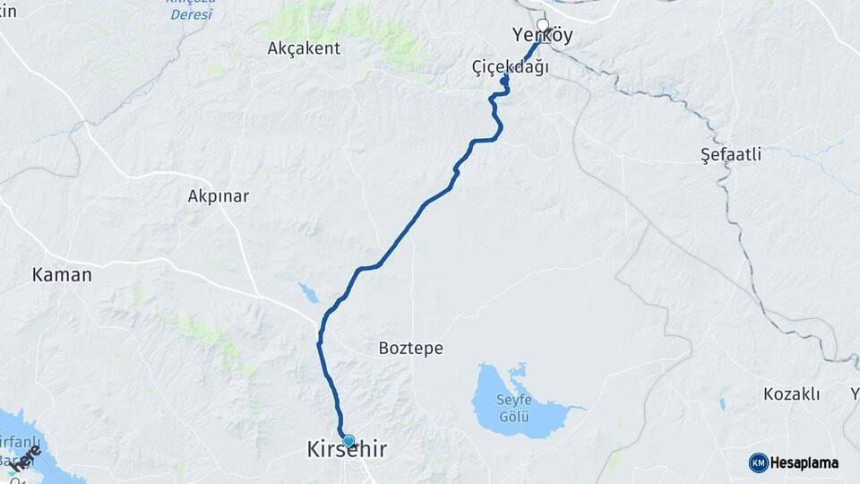 Kırşehir Yerköy Yozgat Arası Kaç Km - Yol Haritası