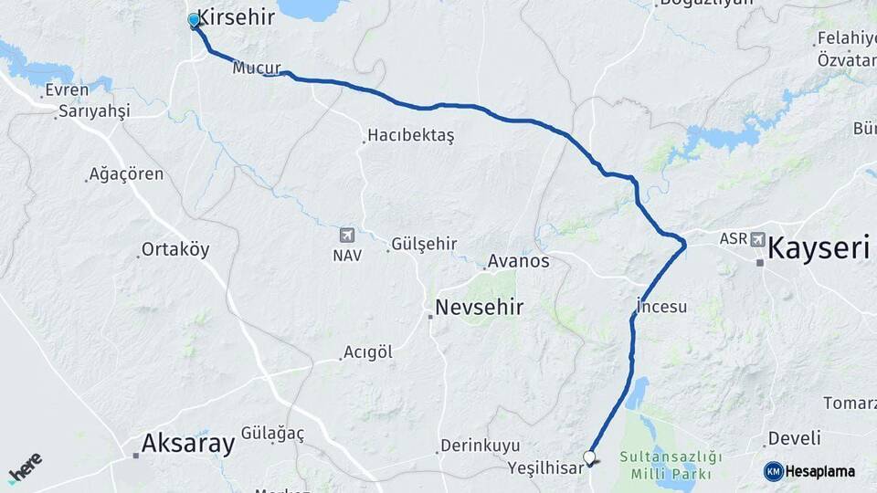 Kırşehir Yeşilhisar Kayseri Arası Kaç Km - Yol Haritası