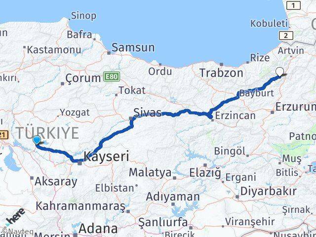 Kırşehir Yusufeli Artvin Arası Kaç Km - Yol Haritası