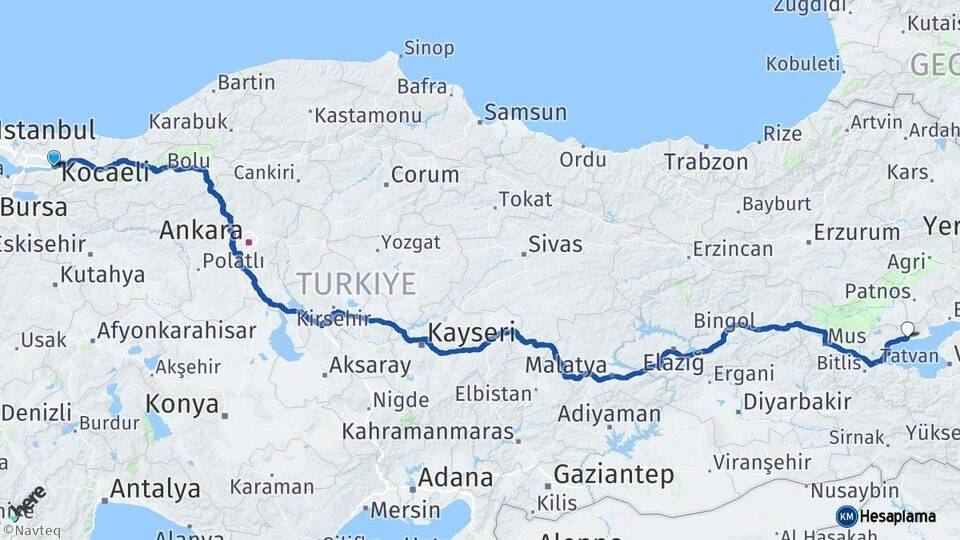 Kocaeli Adilcevaz Bitlis Arası Kaç Km - Yol Haritası