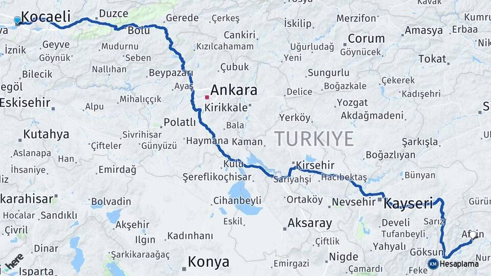 Kocaeli Afşin Kahramanmaraş Arası Kaç Km - Yol Haritası