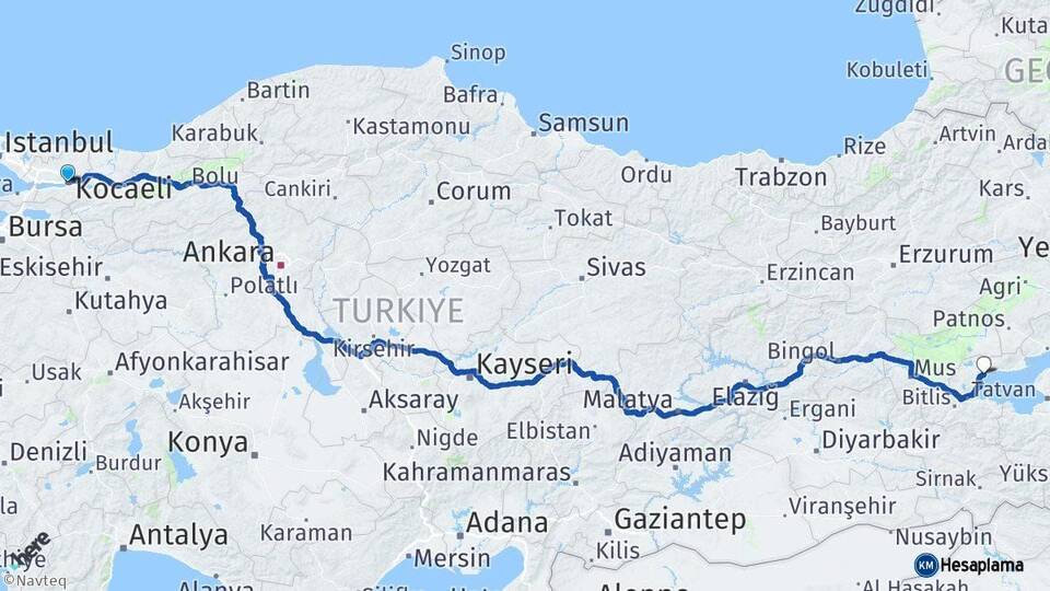 Kocaeli Ahlat Bitlis Arası Kaç Km - Yol Haritası