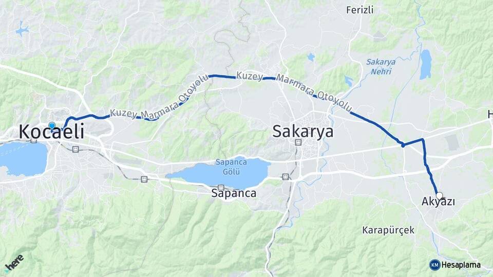 Kocaeli Akyazı Sakarya Arası Kaç Km - Yol Haritası