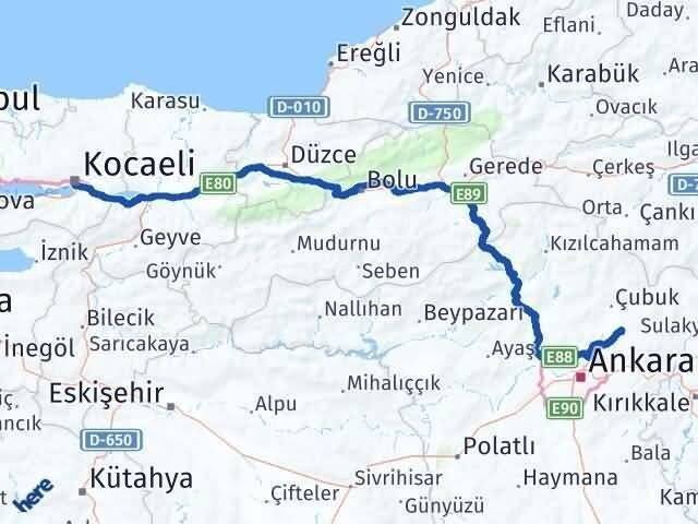 Kocaeli Akyurt Ankara Arası Kaç Km - Yol Haritası