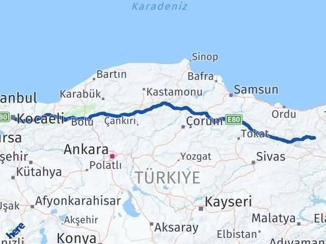 Kocaeli Alucra Giresun Arası Kaç Km - Yol Haritası