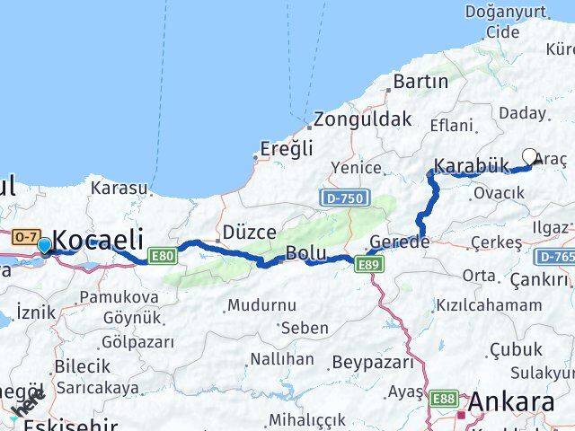 Kocaeli Araç Kastamonu Arası Kaç Km - Yol Haritası