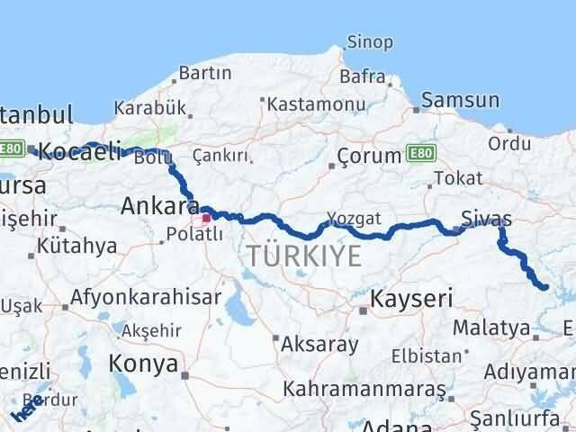 Kocaeli Arapgir Malatya Arası Kaç Km - Yol Haritası