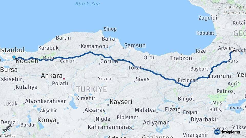 Kocaeli Ardahan Arası Kaç Km - Yol Haritası