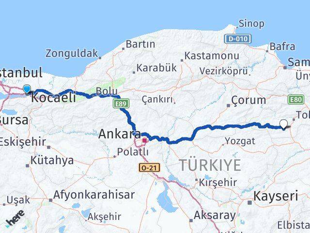 Kocaeli Artova Tokat Arası Kaç Km - Yol Haritası
