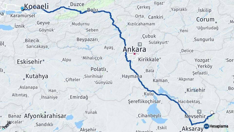 Kocaeli Avanos Nevşehir Arası Kaç Km - Yol Haritası