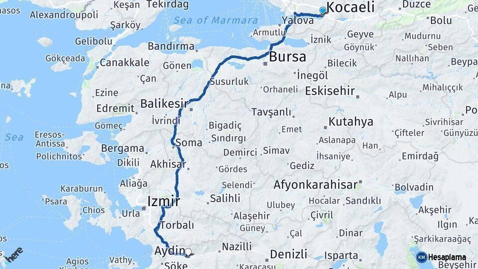 Kocaeli Aydın Arası Kaç Km - Yol Haritası