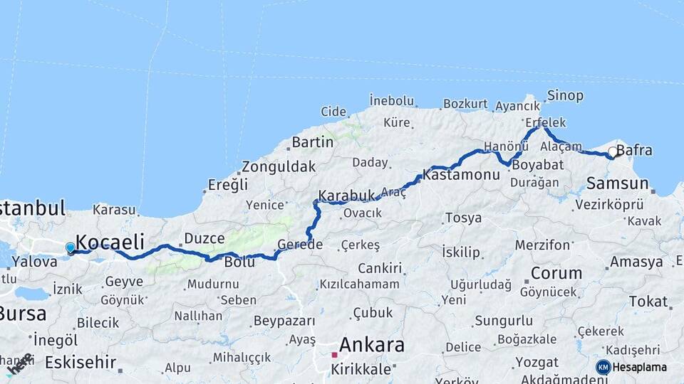 Kocaeli Bafra Samsun Arası Kaç Km - Yol Haritası